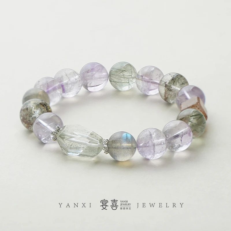 【翠影紫烟】绿幽灵随形✖紫晶灰月光单圈手串 多样性发其一