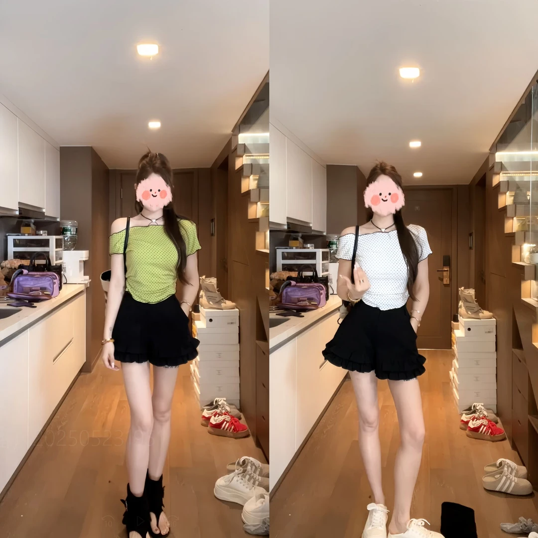 2025夏季小众设计感韩版港风洋气波点拉肩T恤黑色木耳边短裤套装