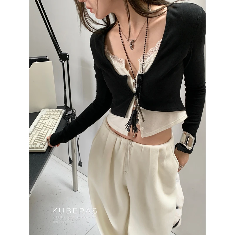 KUBERAS「叠搭模范生」短款修身蕾丝撞色假两件保暖抓绒针织开衫