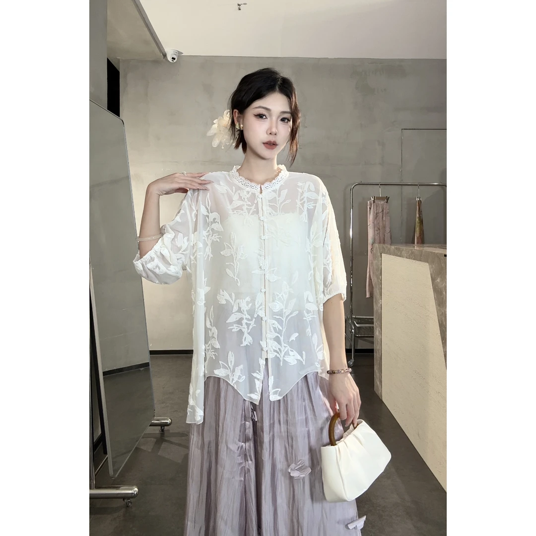 旻旻家夏季新款丝绒烧花工艺宽松百搭文艺气质开衫上衣女（20836）
