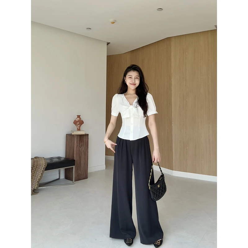 【现货】张阿星 韩系V领蝴蝶结收腰衬衫+凉感直筒裤 W425A03816