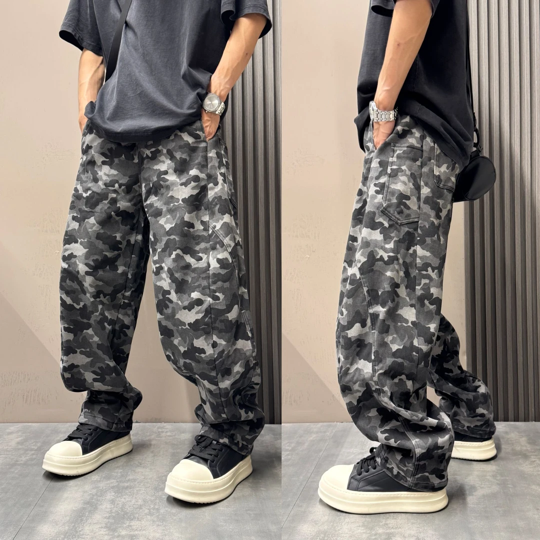 2025冬季新款美式潮流迷彩加绒拼接休闲裤青年痞帅宽松直筒阔腿裤