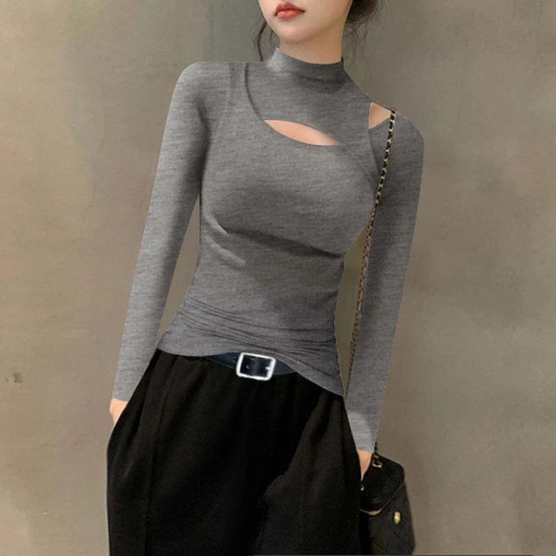 春秋冬2025新款暗灰色半高领长袖打底衫女内搭修身镂空不规则上衣
