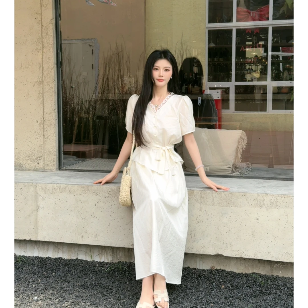 【午后花园】夏新款法式高级感花边短袖V领系带衬衫半身长裙套装