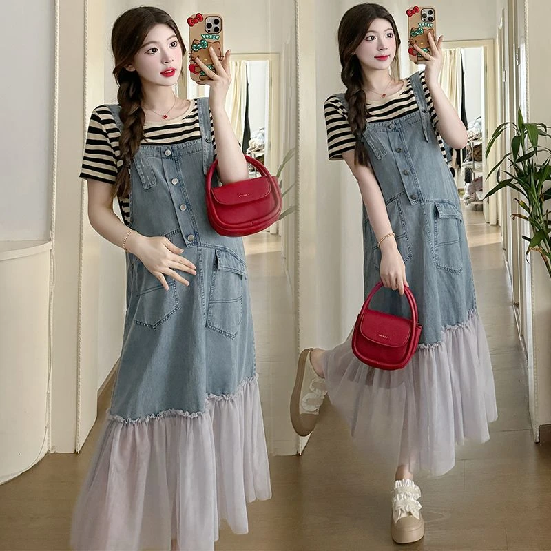 孕妇网纱拼接背带裙气质两件套夏季休闲条纹T恤连衣裙