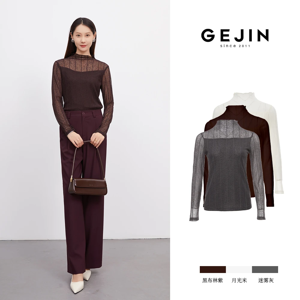 GEJIN/歌锦早秋新款烫银工艺优雅浪漫修身显瘦网纱上衣9332520353