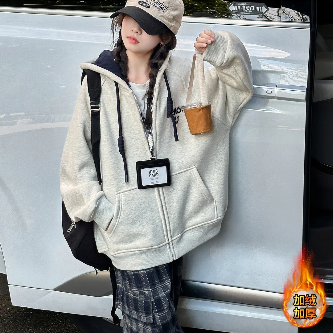 女童外套秋冬季加绒加厚韩版10-15岁大童连帽上衣洋气儿童衣服潮