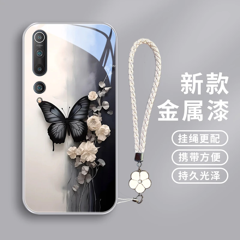 黑色蝴蝶适用小米10手机壳高级感Mi10s玻璃壳小米10青春版女款10