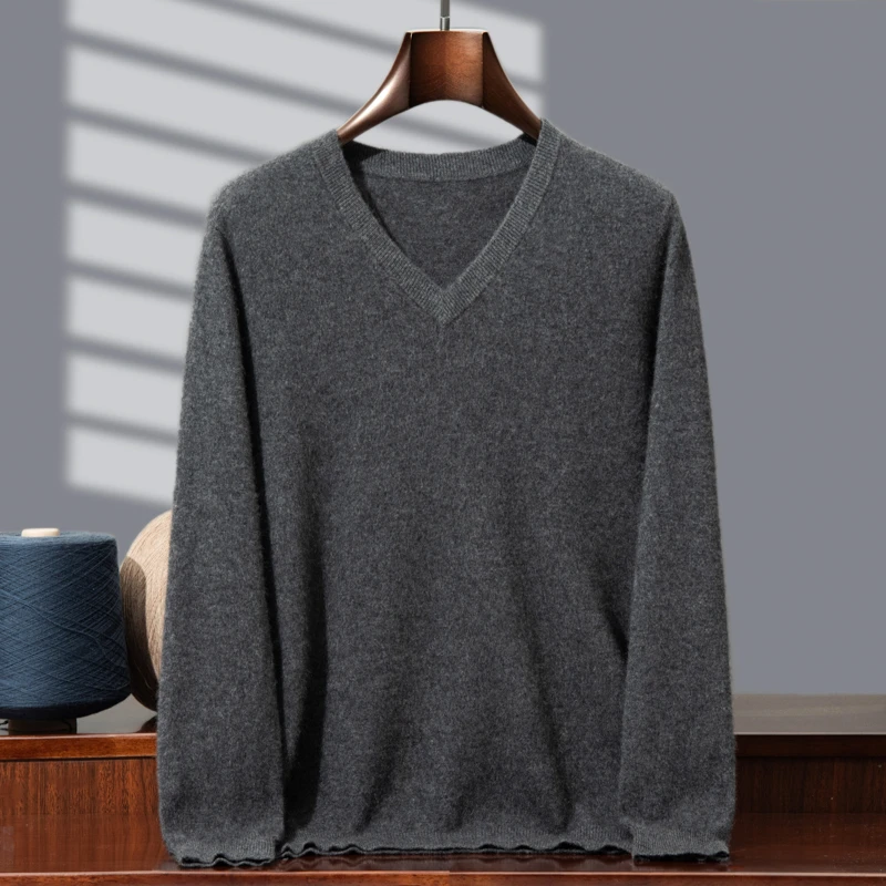 7703男士V领100%纯山羊绒衫套头打底针织毛衣秋冬季鸡心领保暖衣