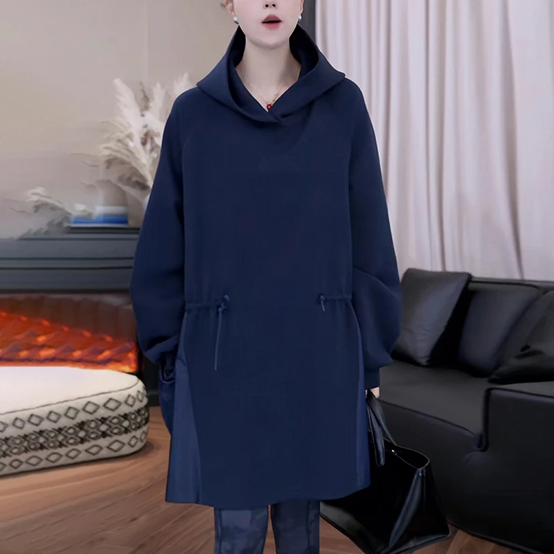 2025秋冬季新款女蓝色连帽卫衣慵懒风宽松大码显瘦中长款遮臀上衣
