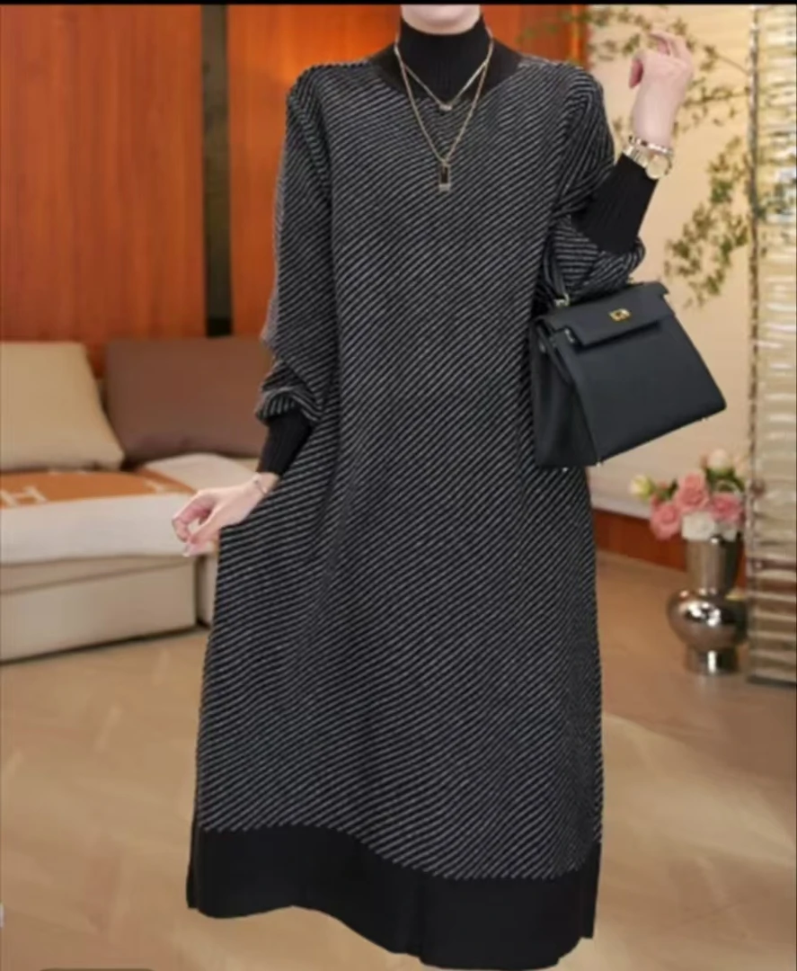 高端品质[灰色斜格]春季高档保暖长款秋冬毛衣打底微胖连衣裙3699