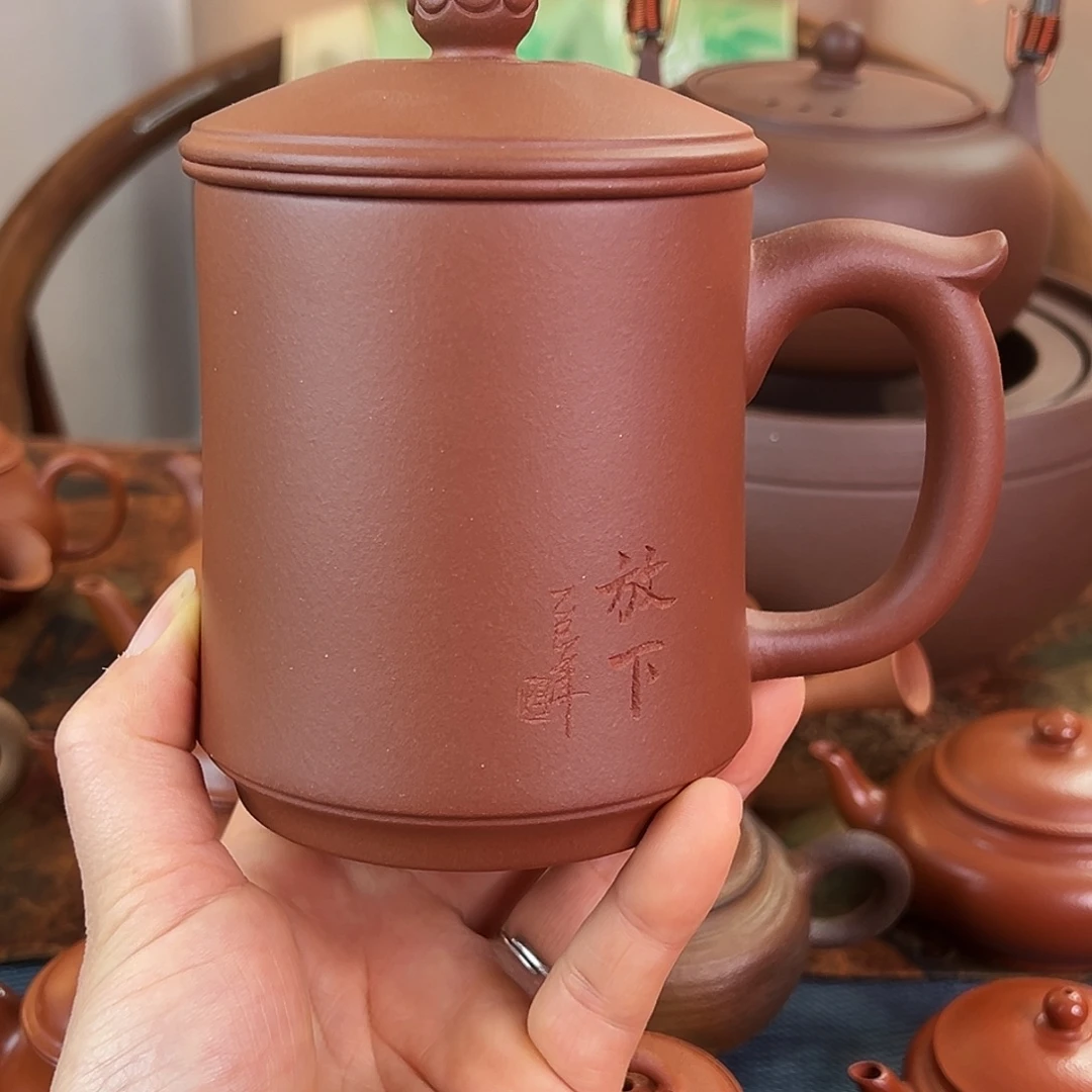 茶壶紫砂精品 放下盖杯三件套 红皮龙泥 400cc