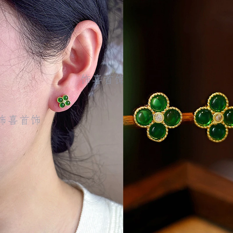 铜合金耳饰 轻奢时尚百搭绿色精致气质简约小众个性爆款复古耳钉