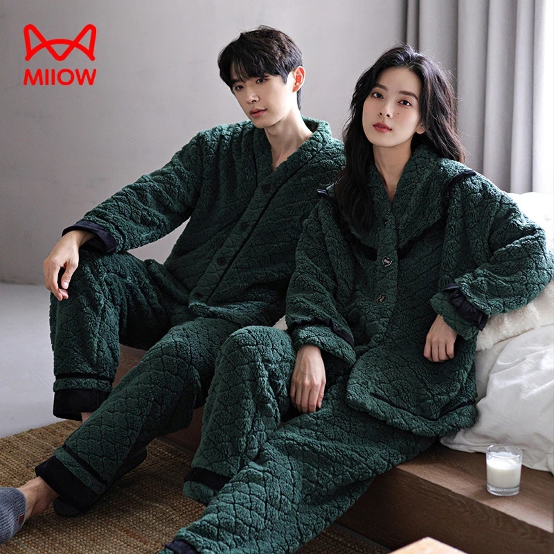 猫人经典情侣睡衣长毛绒男女秋冬季加厚加绒保暖开衫珊瑚绒家居服