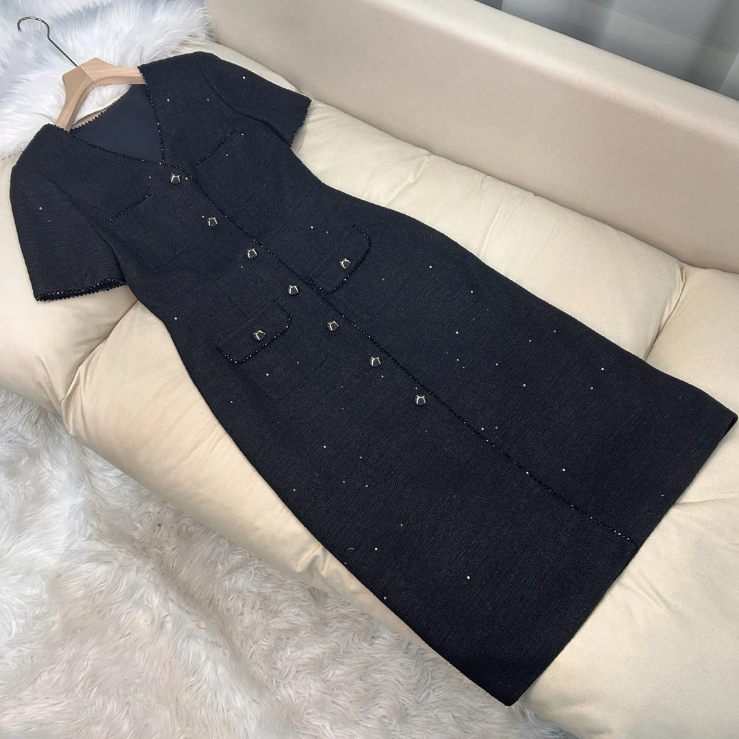 【墨羽】亚麻 黑色高级小香风连衣裙 70432