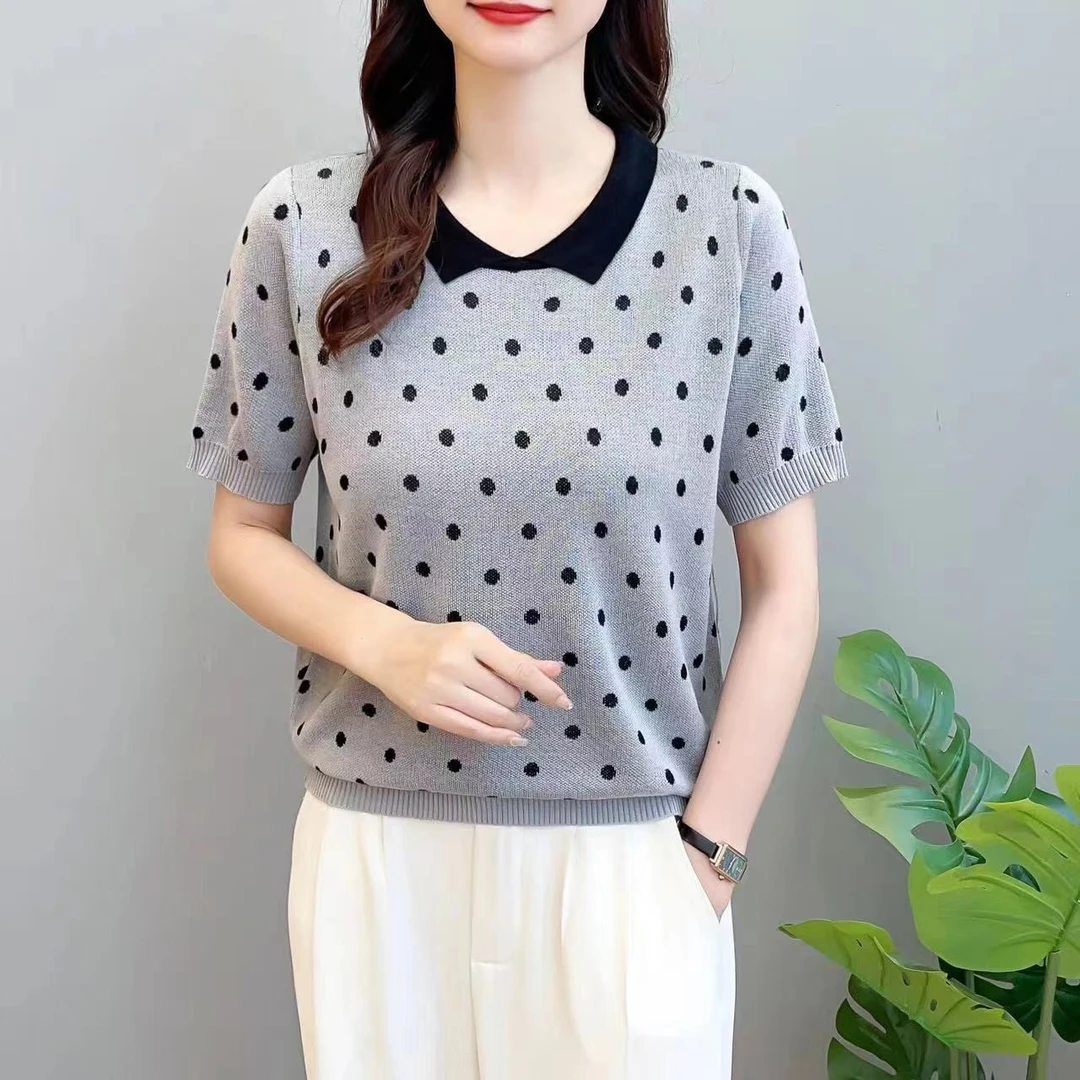 【方领波点短袖】夏季女士方领短袖上衣亲肤柔洋气体恤衫百搭时尚