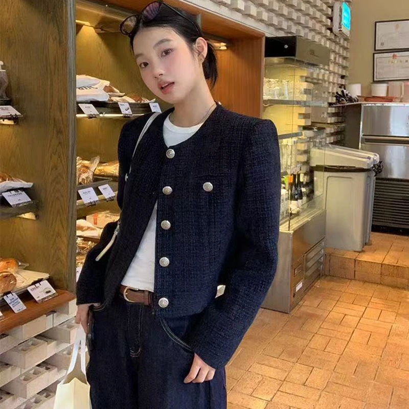 藏蓝色法式松弛感小香风外套2025秋设计感单排扣气质短款上衣