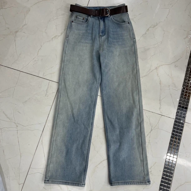 加绒加厚直筒浅色牛仔裤女2024年秋冬季新款百搭宽松阔腿长裤子潮