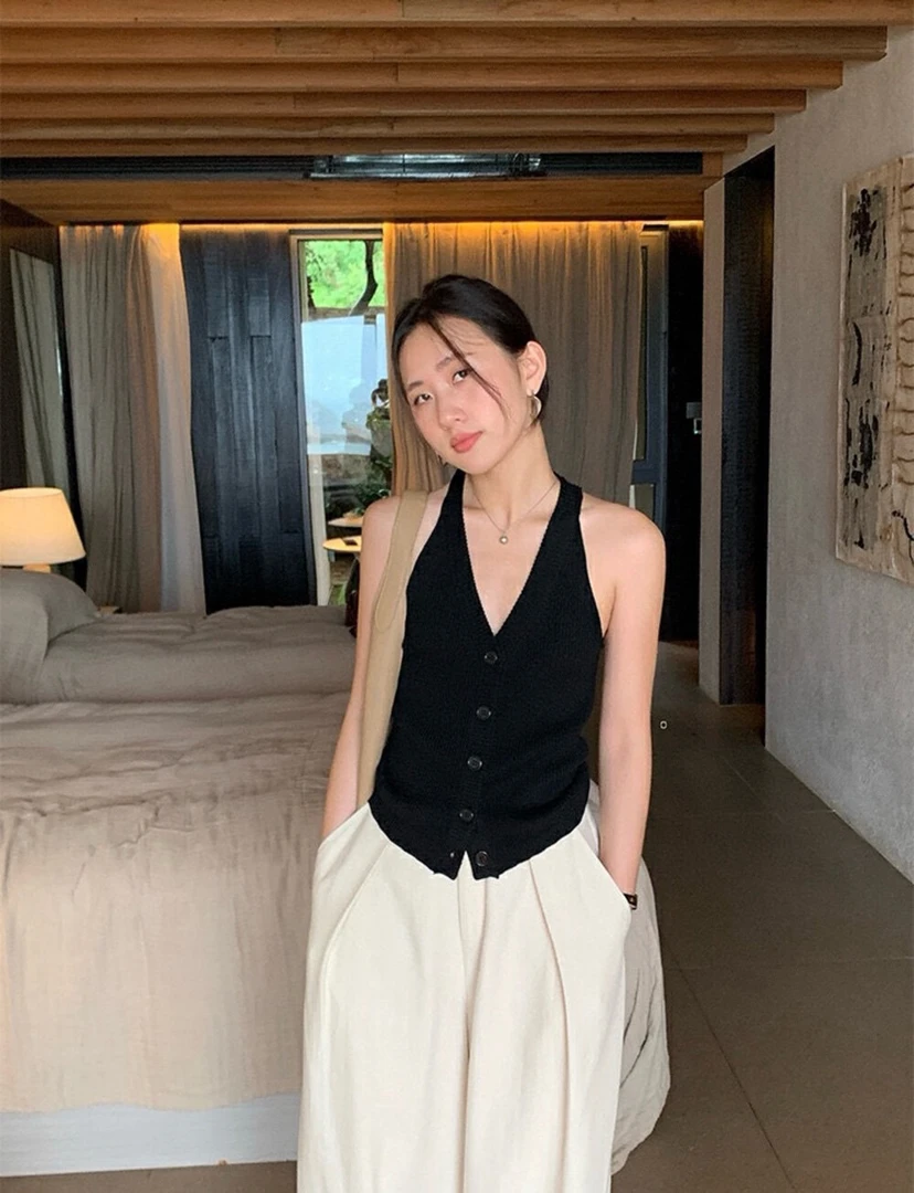 夏季黑色针织吊带背心女短款开衫纯欲风外穿无袖上衣