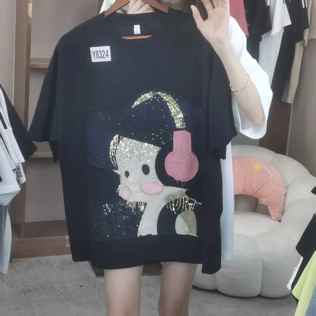 新款重工贴布刺绣耳机小女孩短袖T恤女宽松休闲百搭上衣