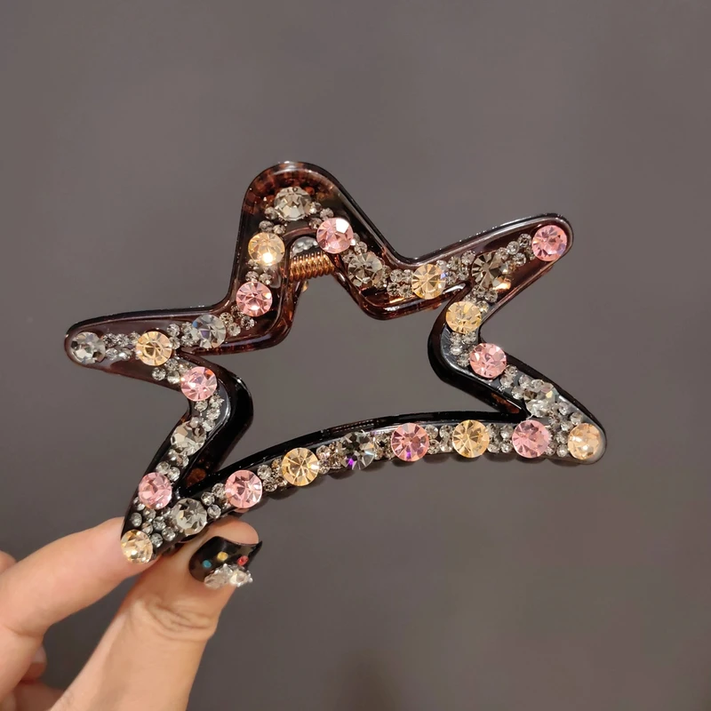 韩版带钻大抓夹网红款五角星盘发夹轻奢鲨鱼夹时尚小香风星星抓夹