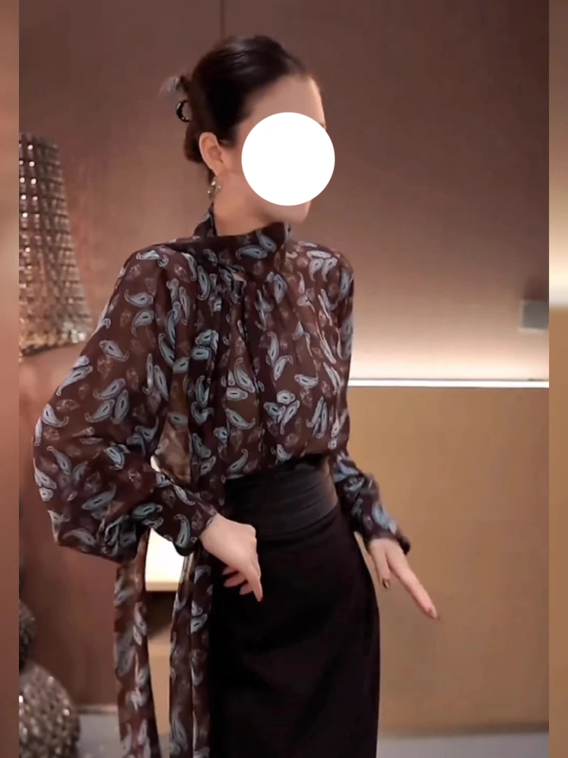 2025早秋新款法式气质名媛印花长袖衬衫女装时尚飘带百搭高级上衣