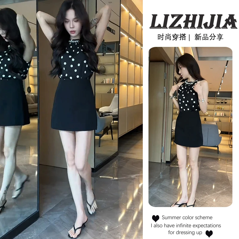 法式复古波点挂脖无袖上衣黑色短裙两件套装女夏季气质穿搭一整套