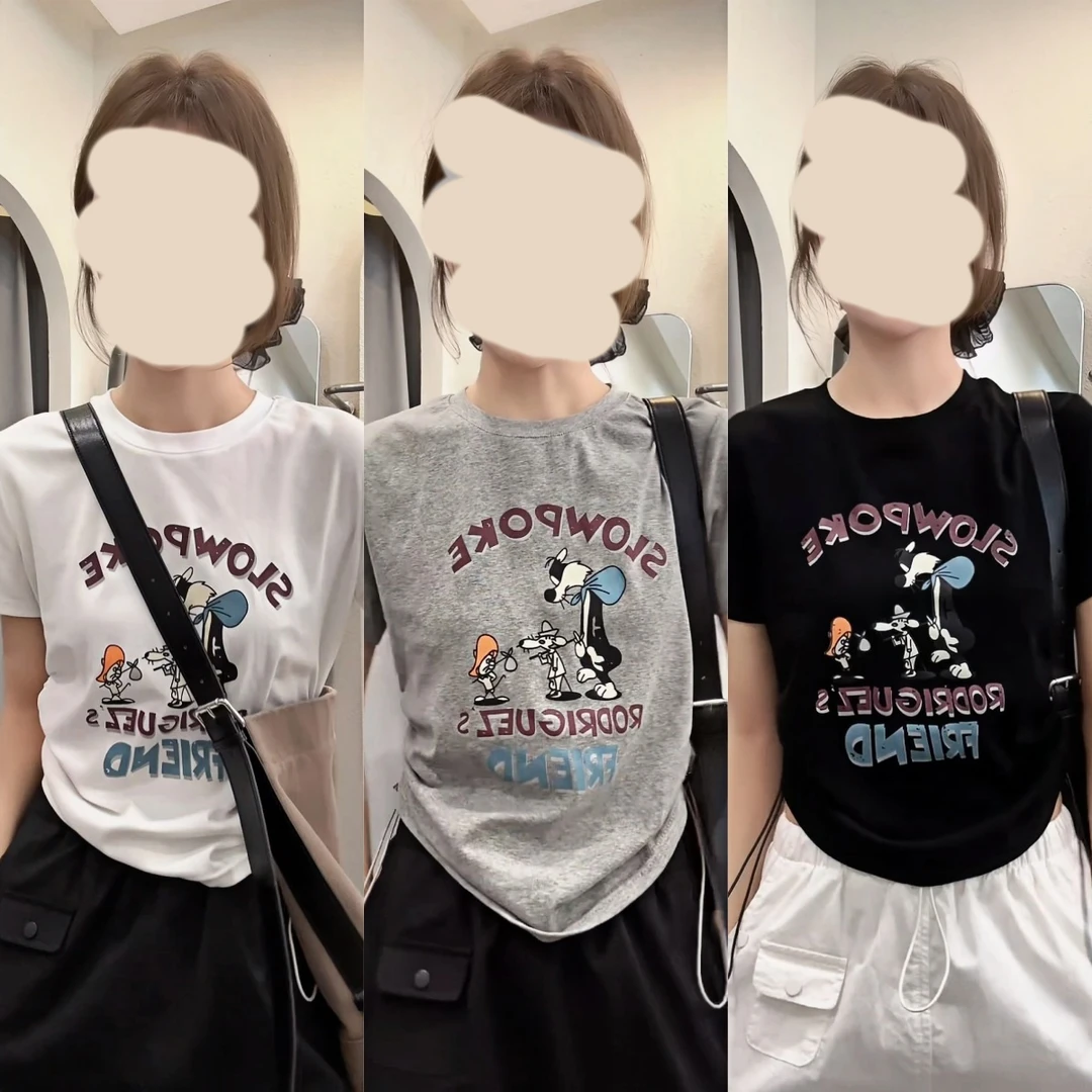 【印花T】百搭字母印花抽绳t恤女2025夏季新款修身灰色短款短袖上衣