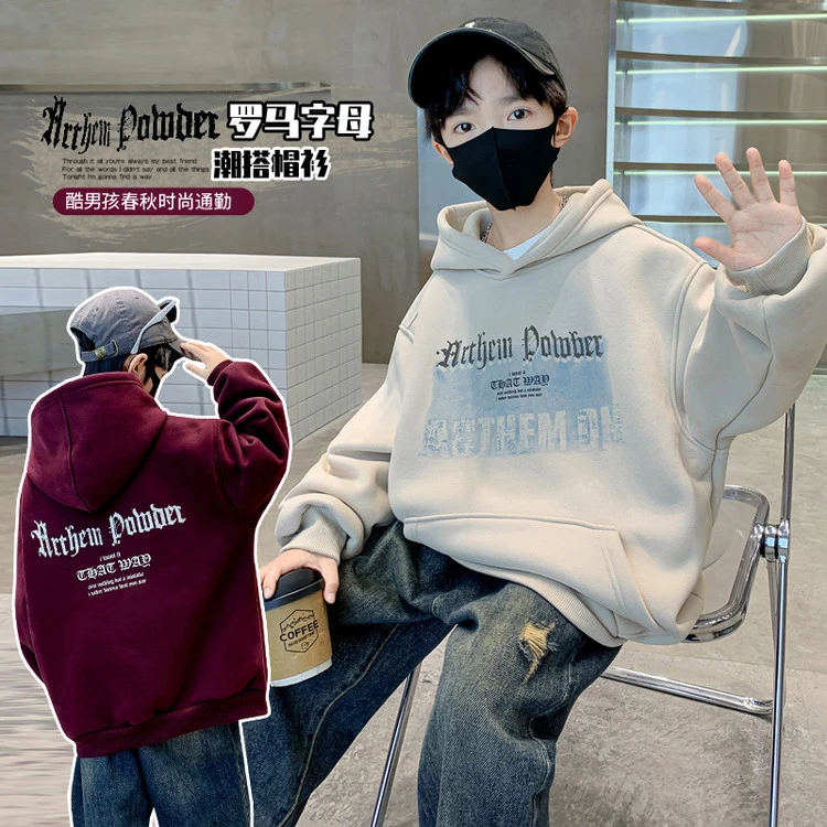 男大童卫衣春秋洋气青少年韩版宽松长袖2025中大童连帽儿童上衣潮