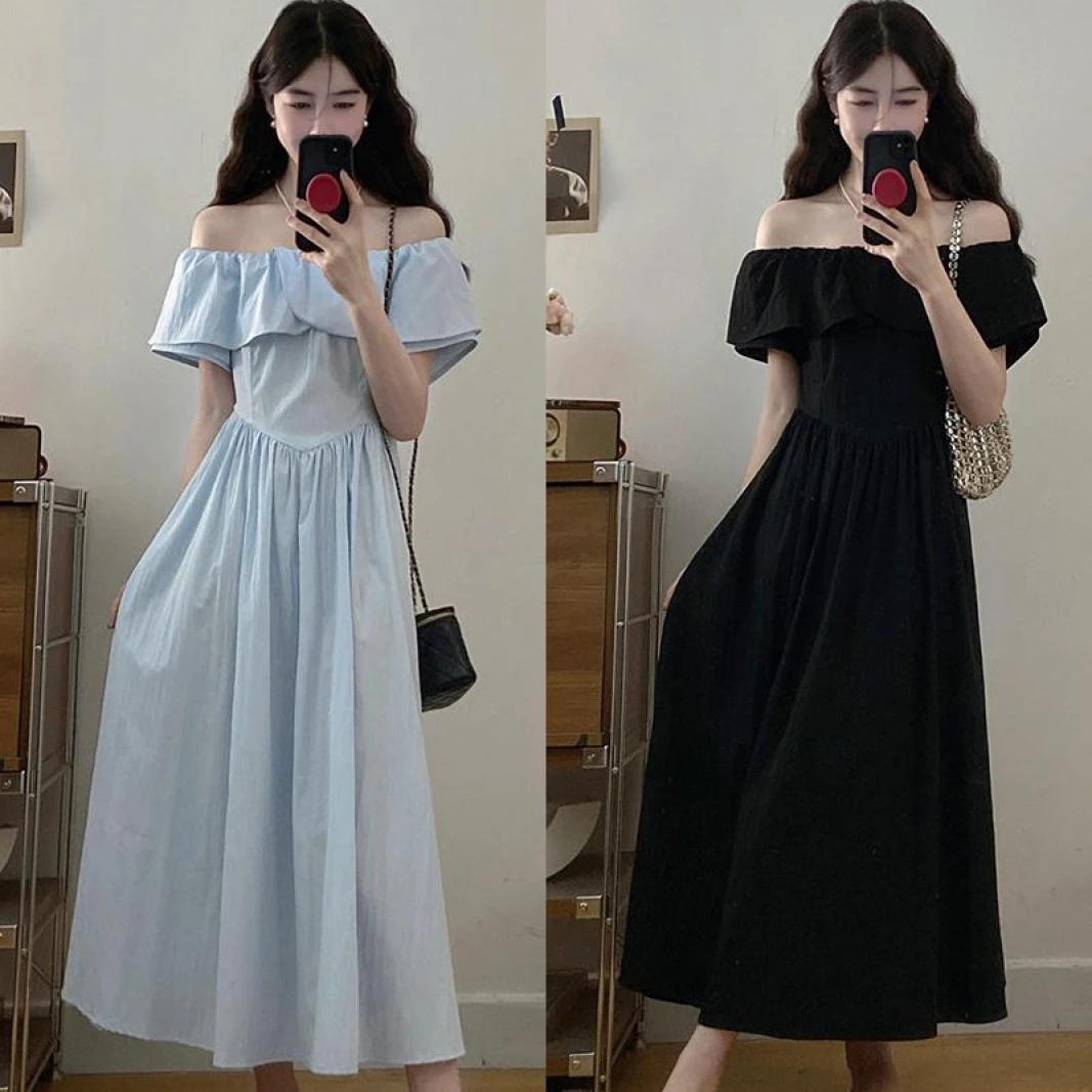 2025夏款胖mm大码女时尚设计感甜美一字肩收腰显瘦连衣裙22266