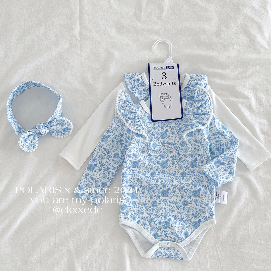 青花瓷三件套 | 长袖版女宝婴幼儿A类纯棉飞袖荷叶边包屁衣哈衣