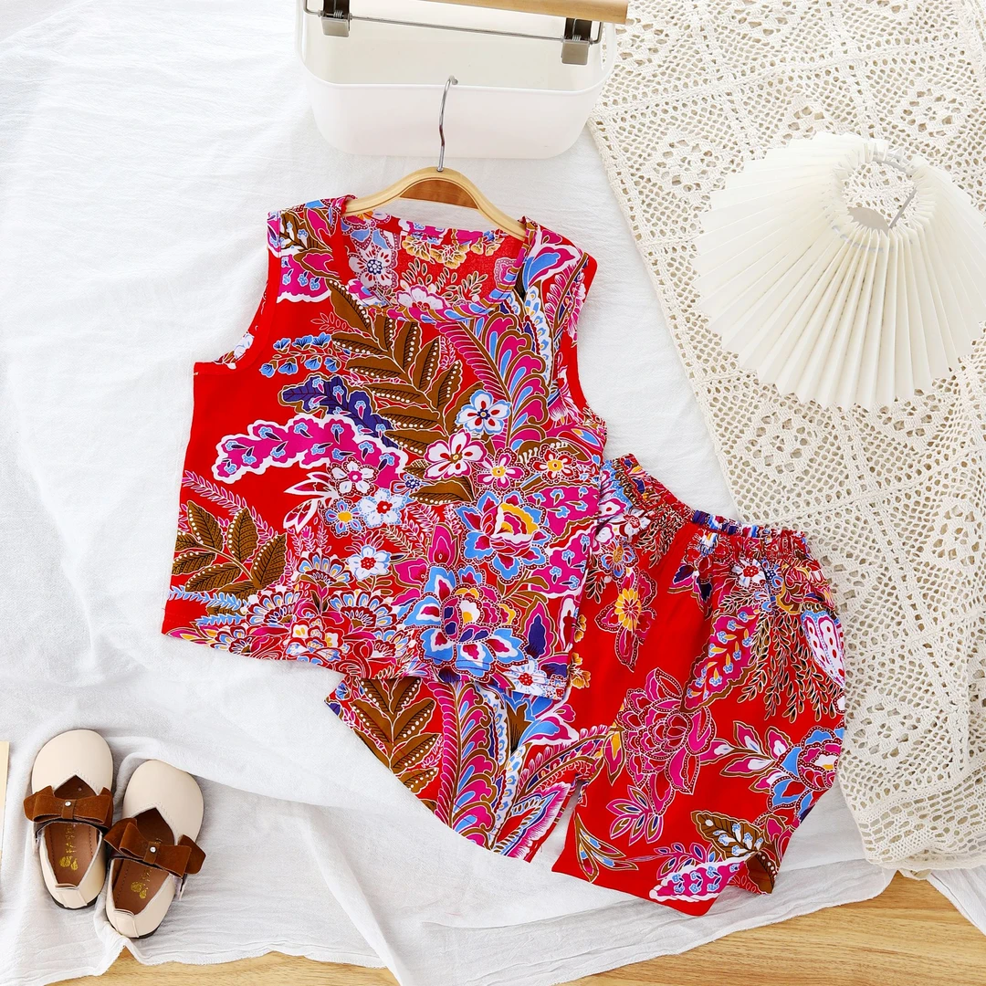 夏季无袖圆领短裤睡衣家居服套装薄款儿童红色中国风