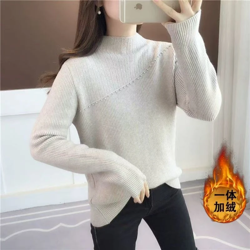 毛衣时尚百搭加绒半高领加厚保暖秋冬冬季长袖宽松修身套头高领毛