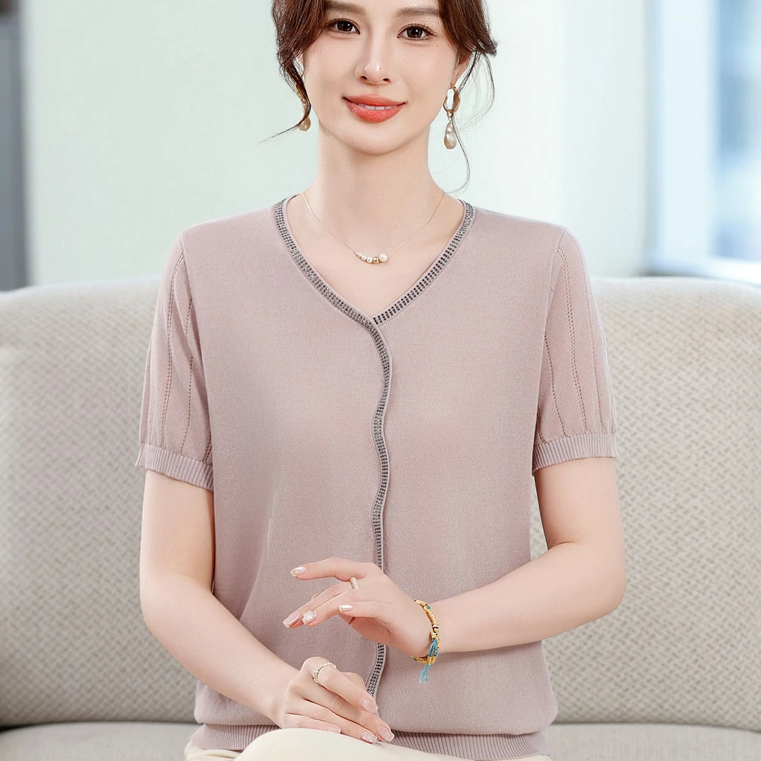 2025新款妈妈夏装短袖T恤小衫中老年时尚女冰丝针织夏季上衣女装