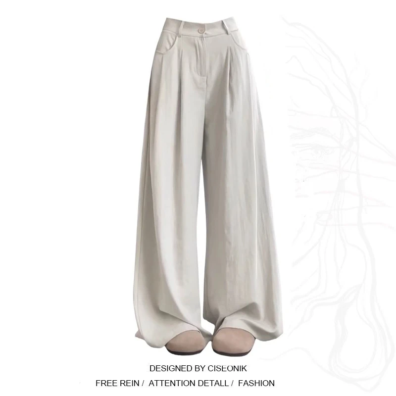 大码美式复古褶皱凉感阔腿休闲裤女2025春街头显瘦宽松垂感拖地裤