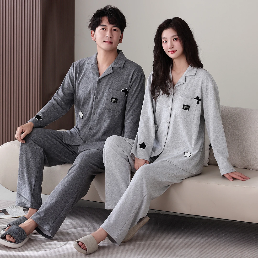 华纯保暖弹力厚针织长袖情侣睡衣长袖春秋款宽松休闲家居服套装