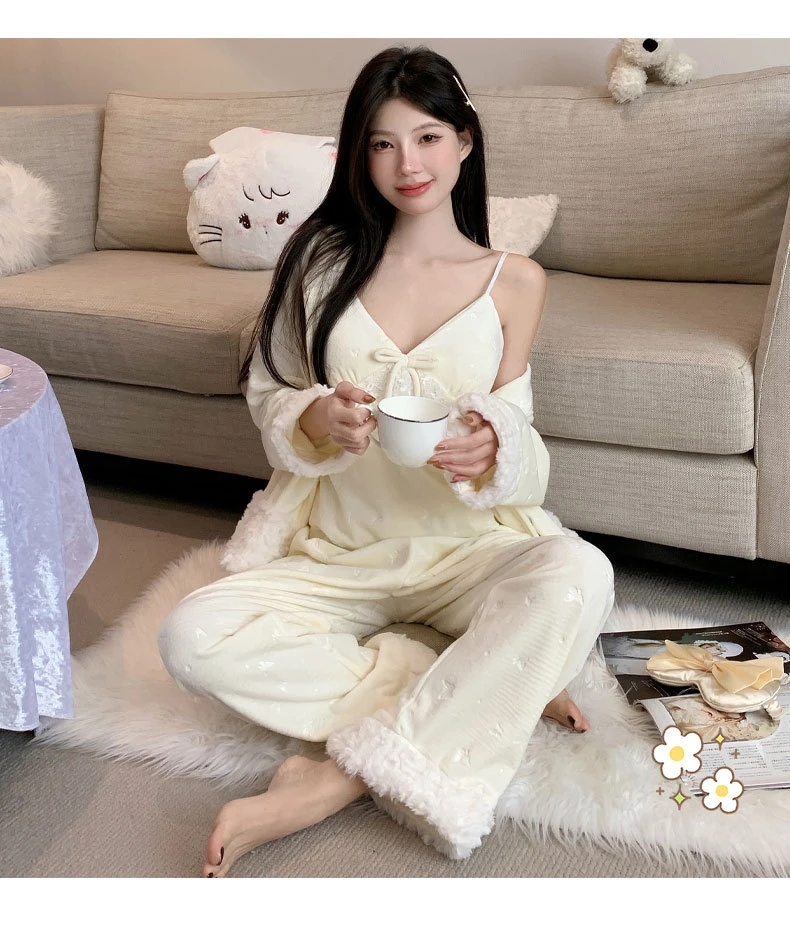 海岛绒睡衣女加厚舒适长袖长裤保暖秋冬季蝴蝶印花家居服三件套