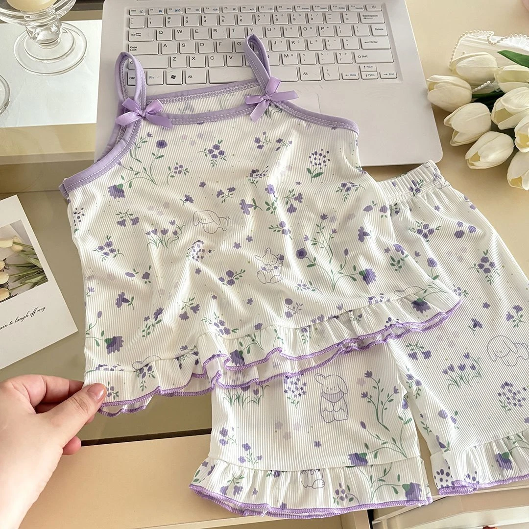 儿童夏季2025吊带碎花套装女童无袖裙新款慵懒公主薄款卡通洋气