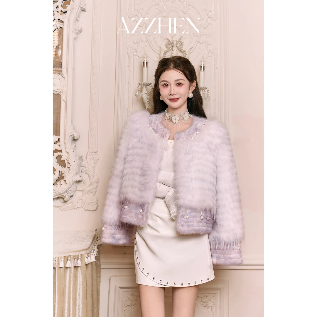 AZZHEN【雪国女星】进口芬兰皇冠水貂拼渐变白貉毛皮草