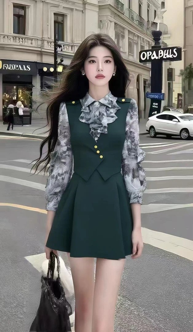 静奢休闲风时尚减龄早秋显瘦穿搭撞色长袖上衣百搭马甲半身裙套装