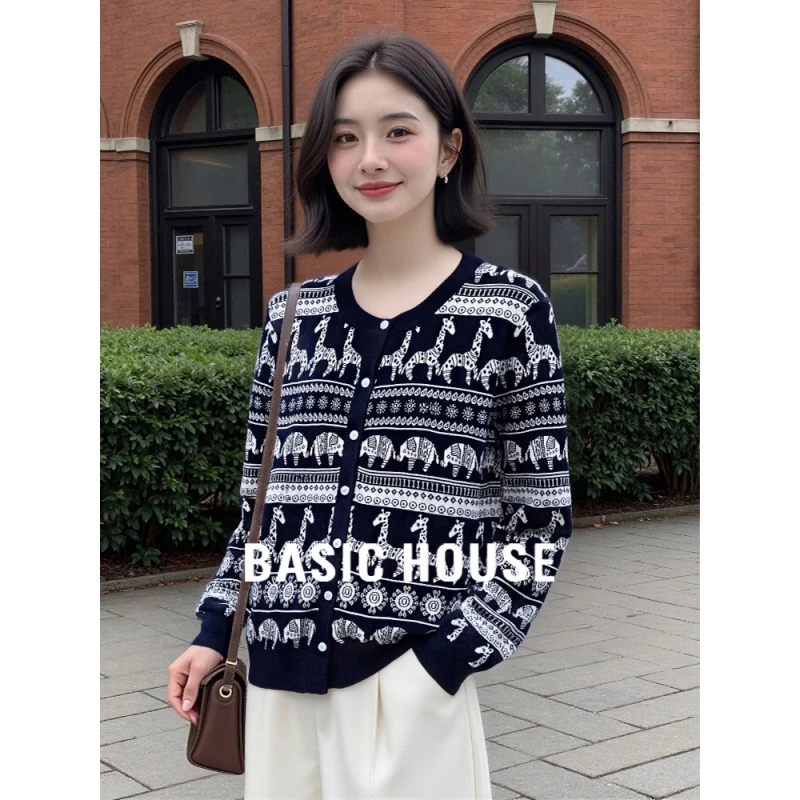 Basic House/百家好高级感动物提花针织开衫女2025秋冬含羊毛外套