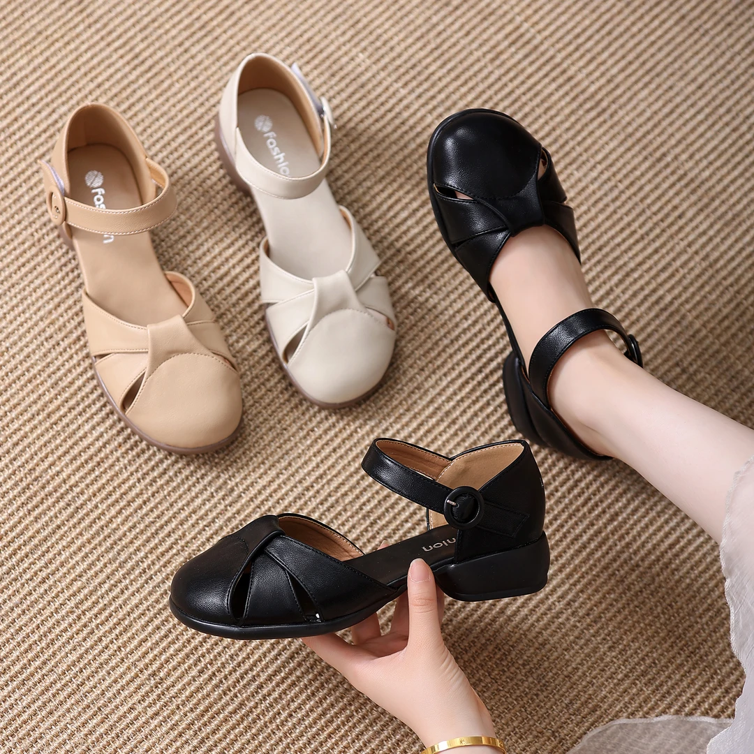 【Ciafoce纤芙森】609妈妈鞋百搭软底圆头时装大码凉鞋粗跟单鞋