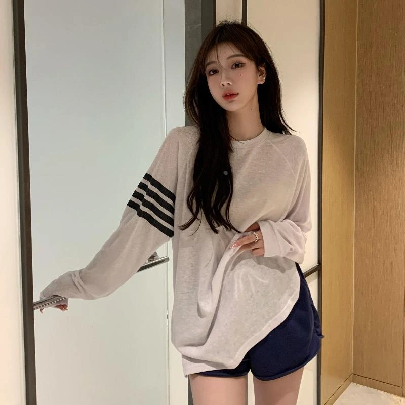 中长款长袖T恤女夏薄纱欧货大版白色防晒罩衫冰丝空调衫条纹上衣