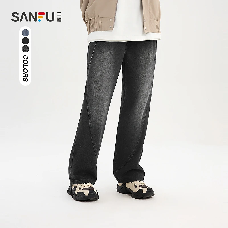 SANFU/三福2025美式街头风分割贴袋直筒牛仔裤时尚休闲长裤500334