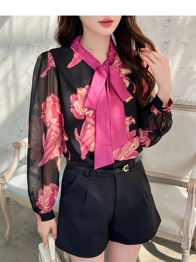 婷婷专享法式优雅碎花蝴蝶结飘带上衣女气质复古V领印花衬衫6051