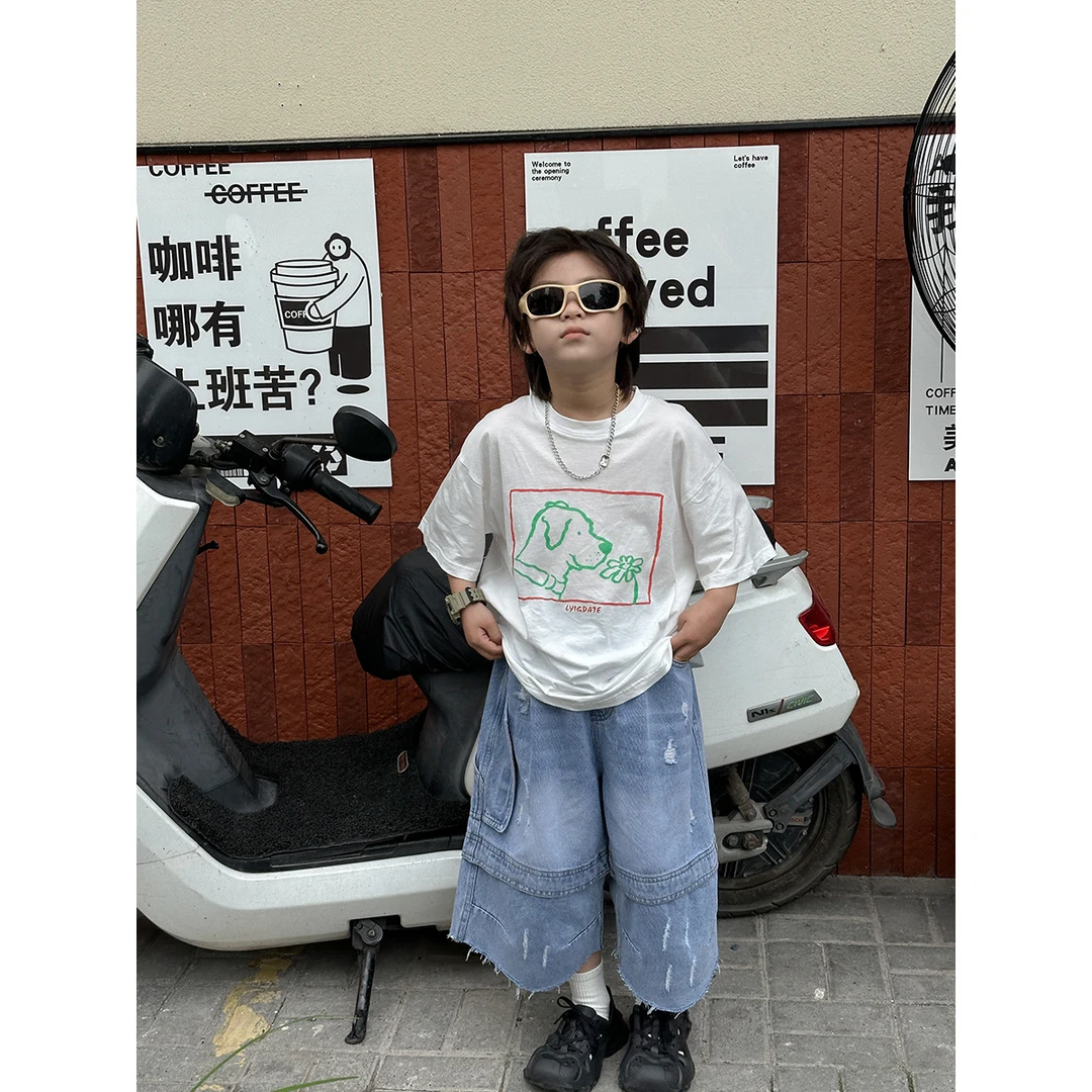 【Tang小白】25夏装新款男童牛仔中裤儿童韩版宽松薄款裤子重工短裤