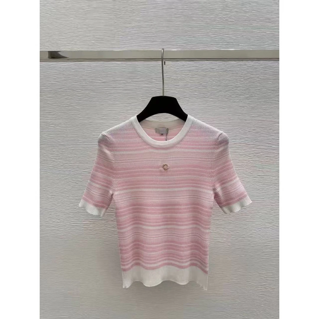 ICCLEK 粉色圆领撞色套头短袖针织衫 百搭 时尚 -5355