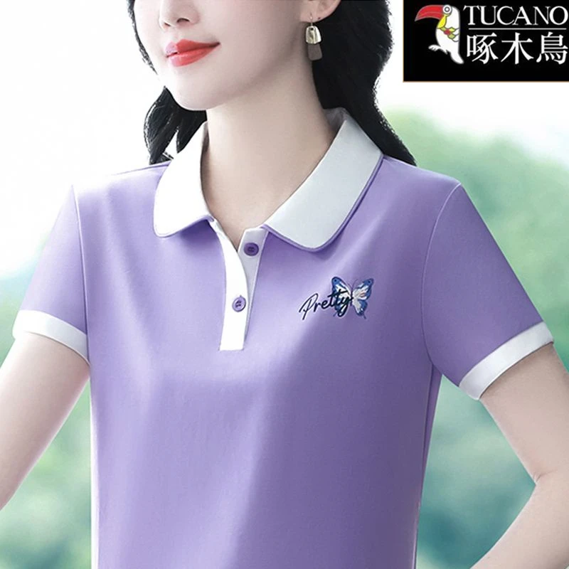 啄木鸟2025年新款印花高级感T恤女夏季短袖翻领洋气时尚运动上衣