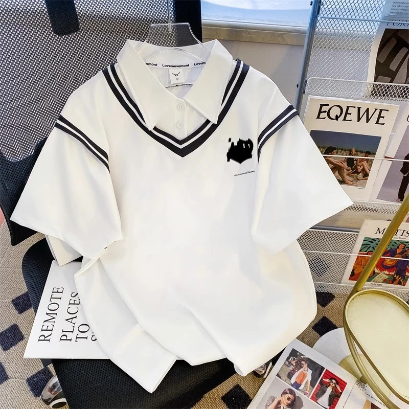 胖妹妹大码polo领假两件短袖t恤女2025新款夏季宽松卡通半袖上衣