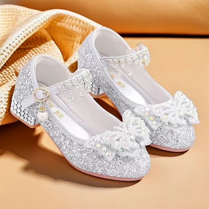 儿童高跟公主鞋中大童表演鞋银色软底单鞋女童礼服走秀舞台水晶鞋